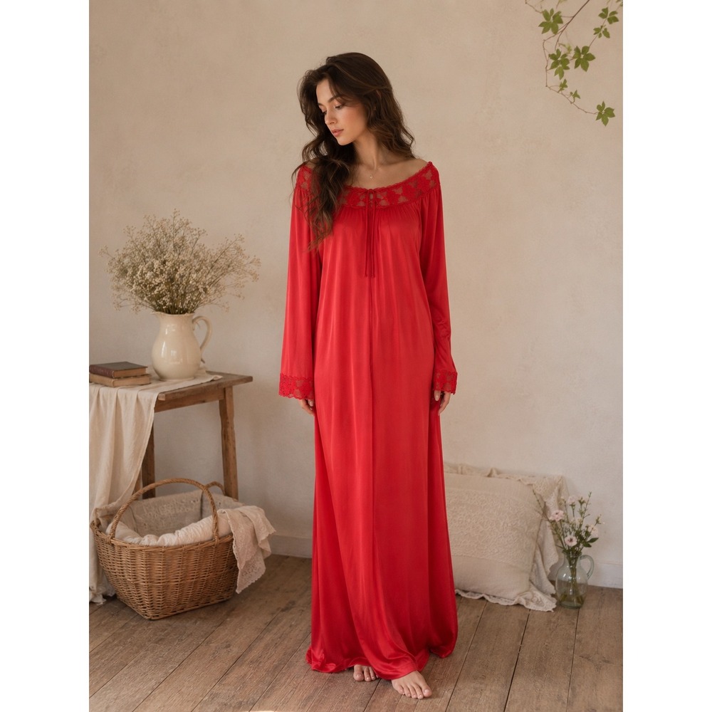 Vintage Romantic Red Nylon Nightgown Lace Trim Long Sleeve Maxi Gown M Cottage